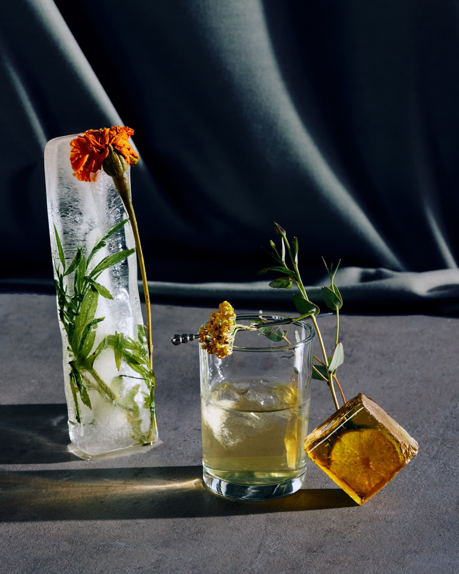 Botanical Margarita with marigold-frozen ice and citrus cube